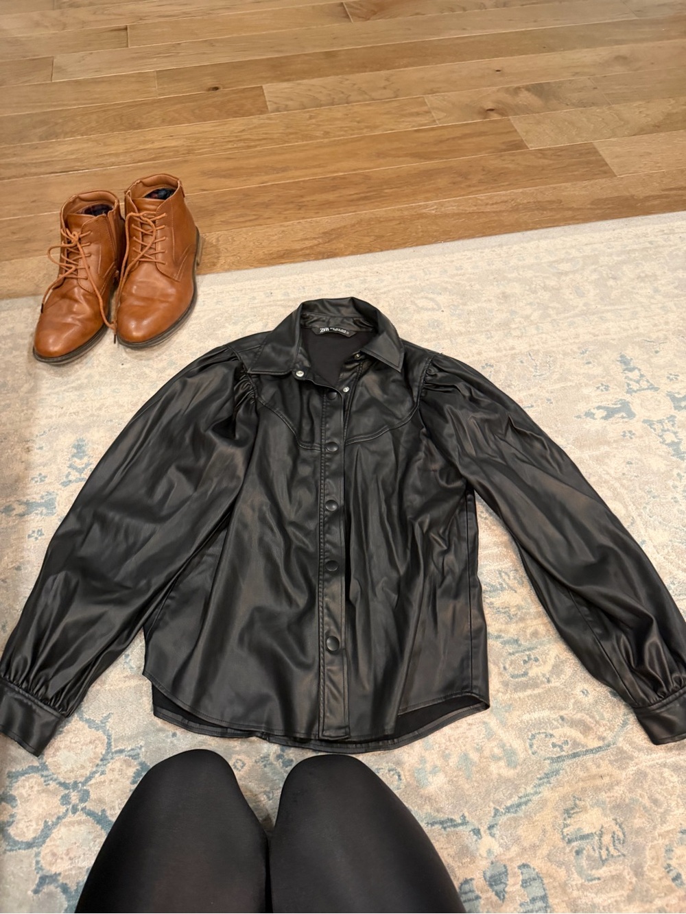Zara Black Faux Leather Button-Front Shirt Jacket